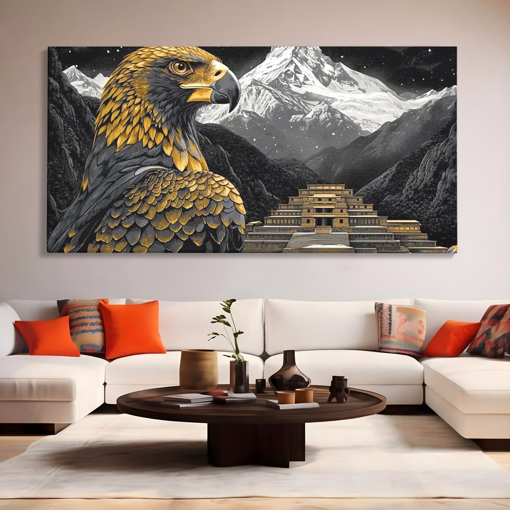 Leinwandbilder Premium, LuxCanva® M1058, Tempelwächter, Adler, Berg, Tempel, Heilig, Golden, Vogel, Ahnen, Azteke, Mythos, Büro, Wohnen, Wohnzimmer, Kinderzimmer