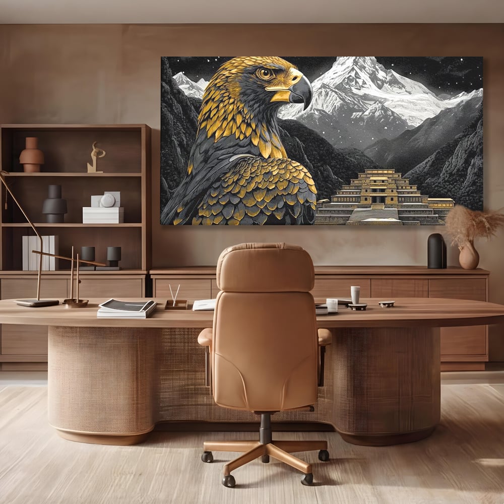 Leinwandbilder Premium, LuxCanva® M1058, Tempelwächter, Adler, Berg, Tempel, Heilig, Golden, Vogel, Ahnen, Azteke, Mythos, Büro, Wohnen, Wohnzimmer, Kinderzimmer