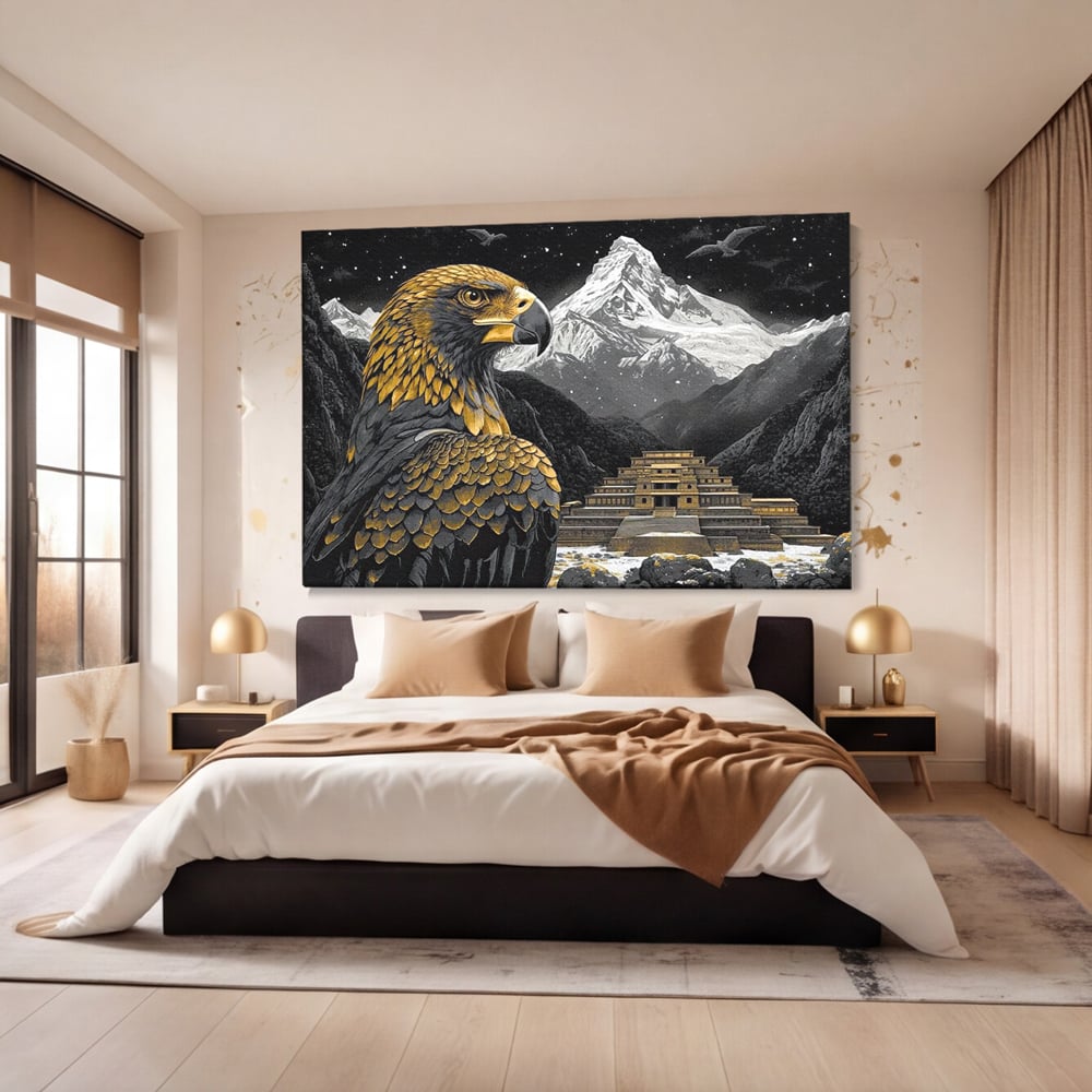 Leinwandbilder Premium, LuxCanva® M1058, Tempelwächter, Adler, Berg, Tempel, Heilig, Golden, Vogel, Ahnen, Azteke, Mythos, Büro, Wohnen, Wohnzimmer, Kinderzimmer