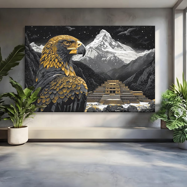 Leinwandbilder Premium, LuxCanva® M1058, Tempelwächter, Adler, Berg, Tempel, Heilig, Golden, Vogel, Ahnen, Azteke, Mythos, Büro, Wohnen, Wohnzimmer, Kinderzimmer