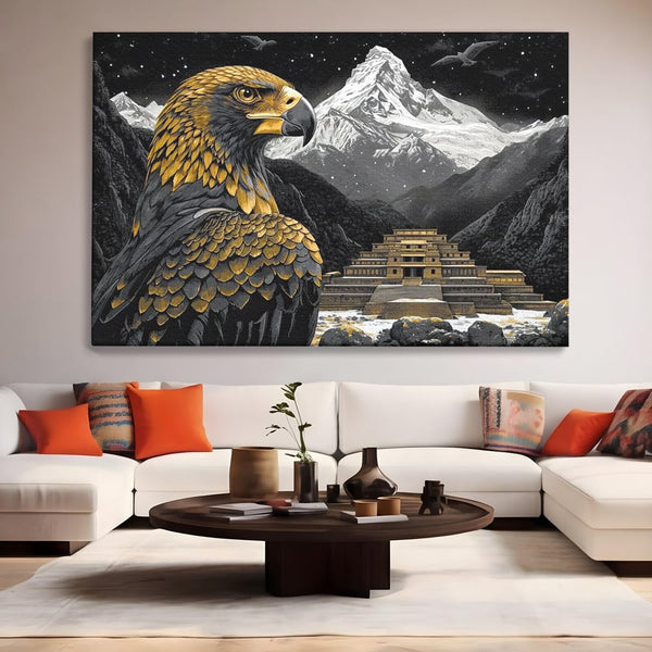 Leinwandbilder Premium, LuxCanva® M1058, Tempelwächter, Adler, Berg, Tempel, Heilig, Golden, Vogel, Ahnen, Azteke, Mythos, Büro, Wohnen, Wohnzimmer, Kinderzimmer