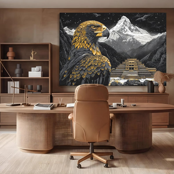 Leinwandbilder Premium, LuxCanva® M1058, Tempelwächter, Adler, Berg, Tempel, Heilig, Golden, Vogel, Ahnen, Azteke, Mythos, Büro, Wohnen, Wohnzimmer, Kinderzimmer