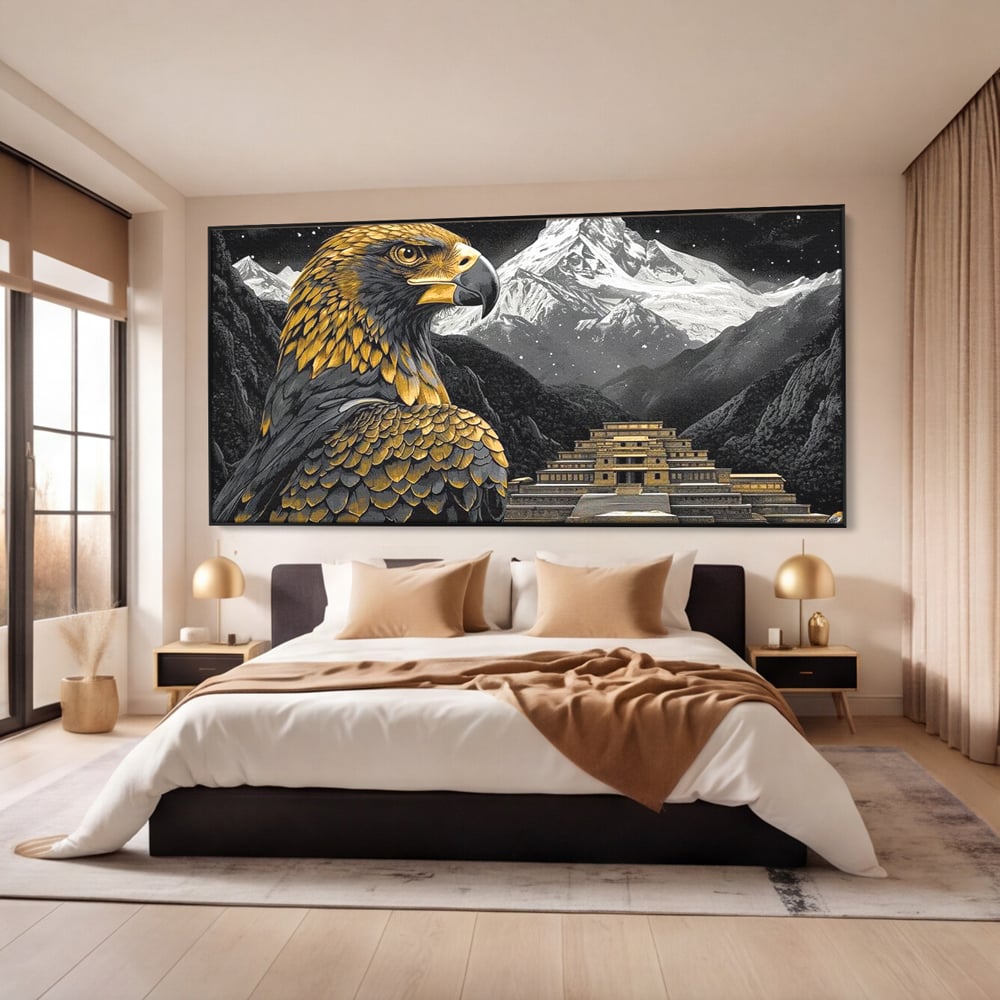 Leinwandbilder Premium, LuxCanva® M1058, Tempelwächter, Adler, Berg, Tempel, Heilig, Golden, Vogel, Ahnen, Azteke, Mythos, Büro, Wohnen, Wohnzimmer, Kinderzimmer