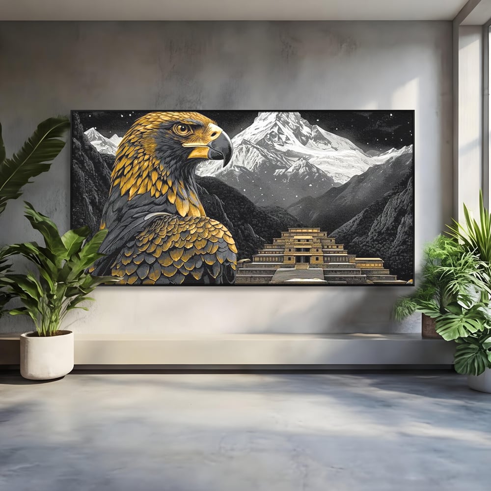 Leinwandbilder Premium, LuxCanva® M1058, Tempelwächter, Adler, Berg, Tempel, Heilig, Golden, Vogel, Ahnen, Azteke, Mythos, Büro, Wohnen, Wohnzimmer, Kinderzimmer