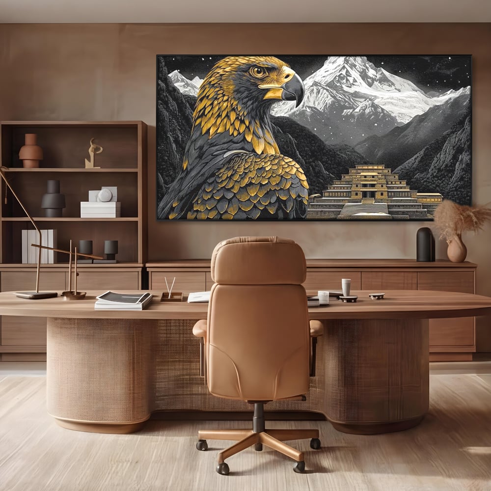 Leinwandbilder Premium, LuxCanva® M1058, Tempelwächter, Adler, Berg, Tempel, Heilig, Golden, Vogel, Ahnen, Azteke, Mythos, Büro, Wohnen, Wohnzimmer, Kinderzimmer