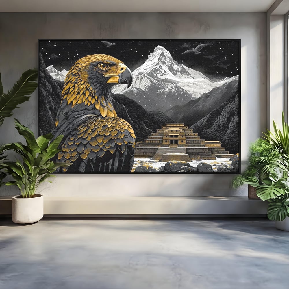 Leinwandbilder Premium, LuxCanva® M1058, Tempelwächter, Adler, Berg, Tempel, Heilig, Golden, Vogel, Ahnen, Azteke, Mythos, Büro, Wohnen, Wohnzimmer, Kinderzimmer