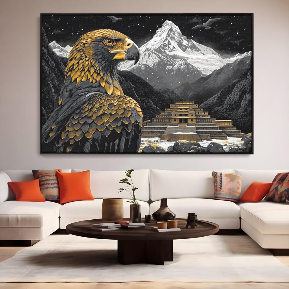 Leinwandbilder Premium, LuxCanva® M1058, Tempelwächter, Adler, Berg, Tempel, Heilig, Golden, Vogel, Ahnen, Azteke, Mythos, Büro, Wohnen, Wohnzimmer, Kinderzimmer