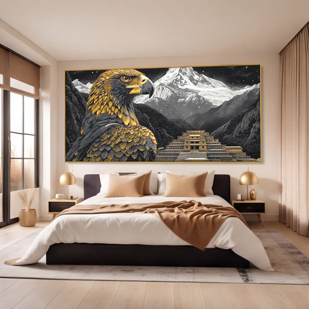 Leinwandbilder Premium, LuxCanva® M1058, Tempelwächter, Adler, Berg, Tempel, Heilig, Golden, Vogel, Ahnen, Azteke, Mythos, Büro, Wohnen, Wohnzimmer, Kinderzimmer