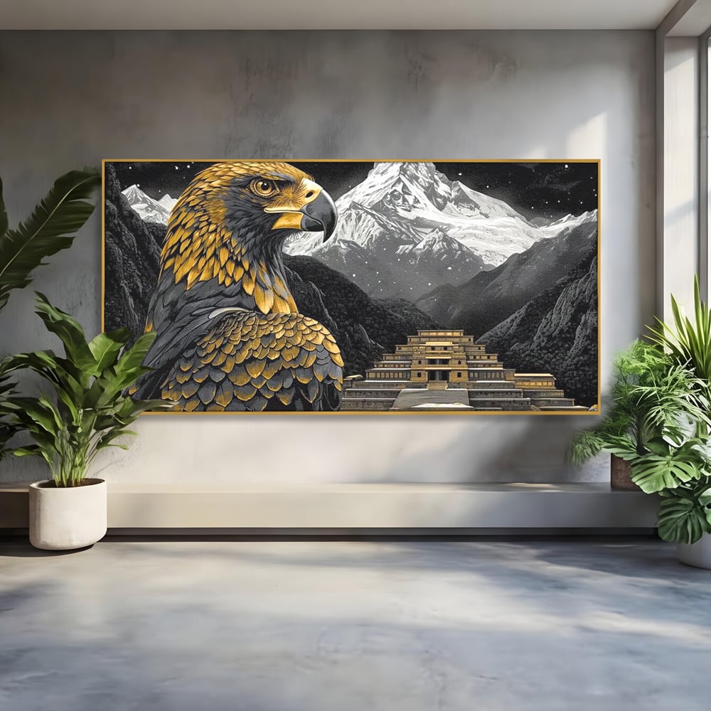 Leinwandbilder Premium, LuxCanva® M1058, Tempelwächter, Adler, Berg, Tempel, Heilig, Golden, Vogel, Ahnen, Azteke, Mythos, Büro, Wohnen, Wohnzimmer, Kinderzimmer