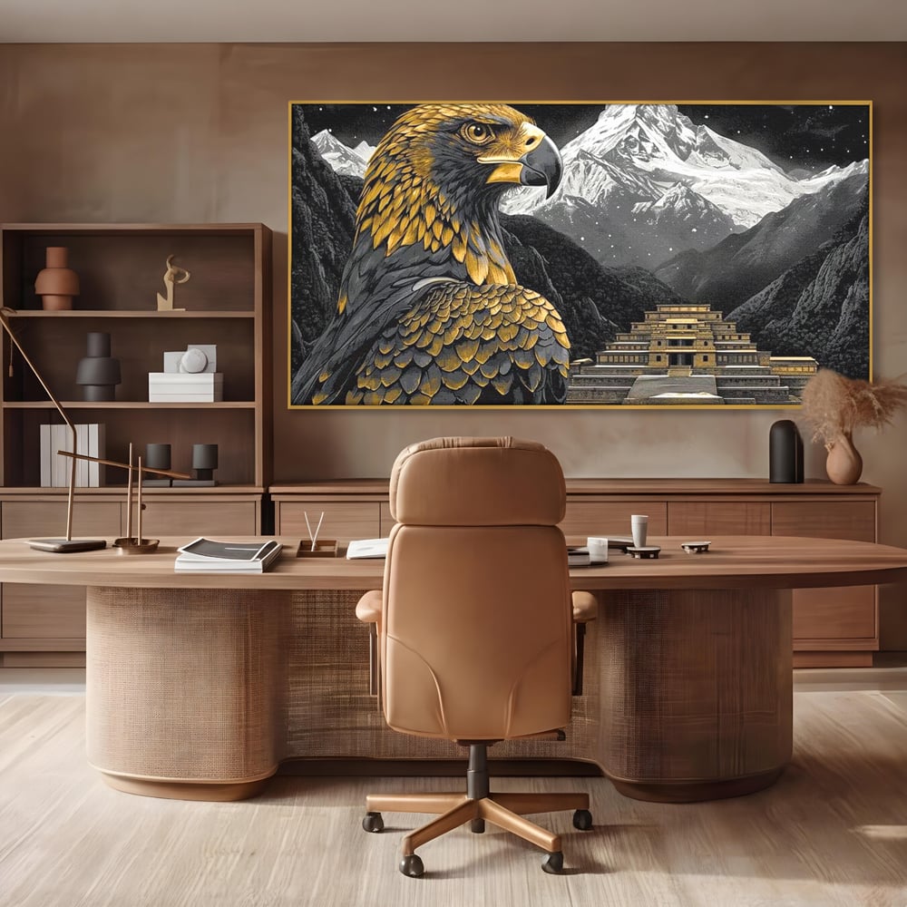Leinwandbilder Premium, LuxCanva® M1058, Tempelwächter, Adler, Berg, Tempel, Heilig, Golden, Vogel, Ahnen, Azteke, Mythos, Büro, Wohnen, Wohnzimmer, Kinderzimmer