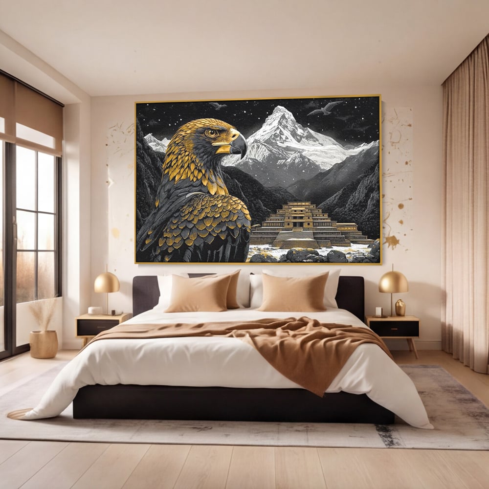 Leinwandbilder Premium, LuxCanva® M1058, Tempelwächter, Adler, Berg, Tempel, Heilig, Golden, Vogel, Ahnen, Azteke, Mythos, Büro, Wohnen, Wohnzimmer, Kinderzimmer