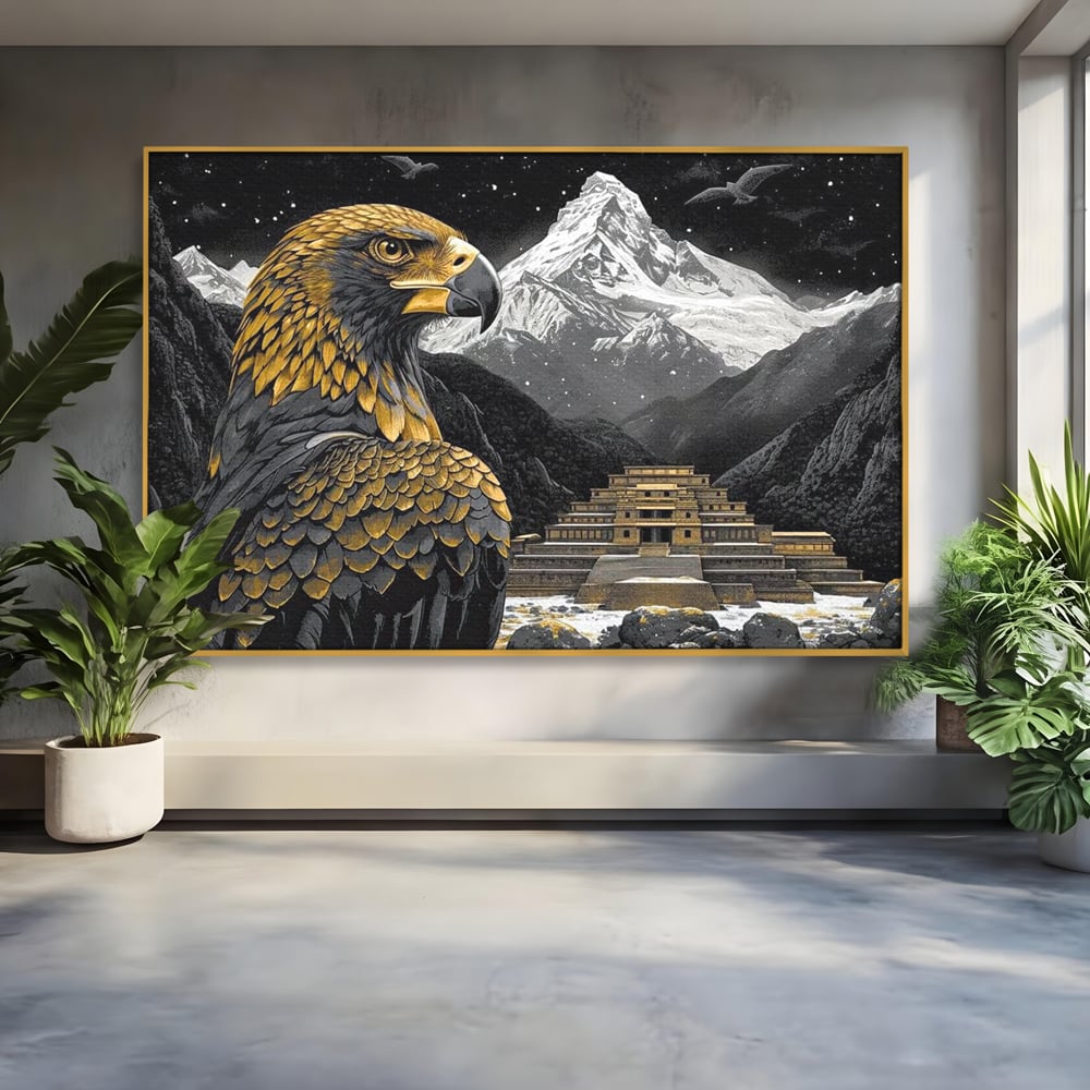Leinwandbilder Premium, LuxCanva® M1058, Tempelwächter, Adler, Berg, Tempel, Heilig, Golden, Vogel, Ahnen, Azteke, Mythos, Büro, Wohnen, Wohnzimmer, Kinderzimmer