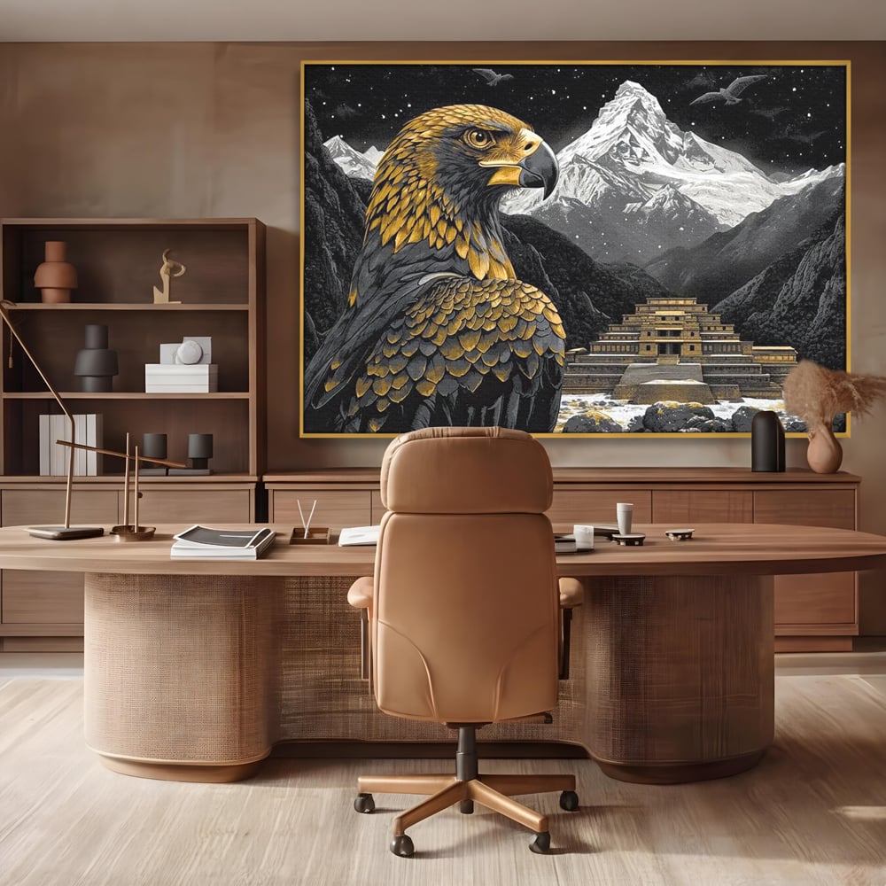 Leinwandbilder Premium, LuxCanva® M1058, Tempelwächter, Adler, Berg, Tempel, Heilig, Golden, Vogel, Ahnen, Azteke, Mythos, Büro, Wohnen, Wohnzimmer, Kinderzimmer