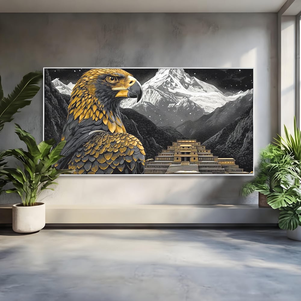 Leinwandbilder Premium, LuxCanva® M1058, Tempelwächter, Adler, Berg, Tempel, Heilig, Golden, Vogel, Ahnen, Azteke, Mythos, Büro, Wohnen, Wohnzimmer, Kinderzimmer