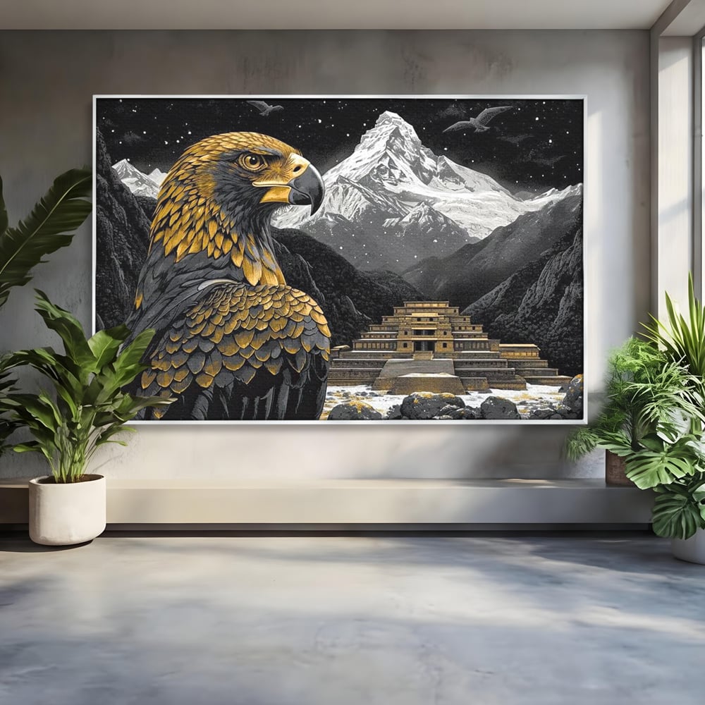 Leinwandbilder Premium, LuxCanva® M1058, Tempelwächter, Adler, Berg, Tempel, Heilig, Golden, Vogel, Ahnen, Azteke, Mythos, Büro, Wohnen, Wohnzimmer, Kinderzimmer