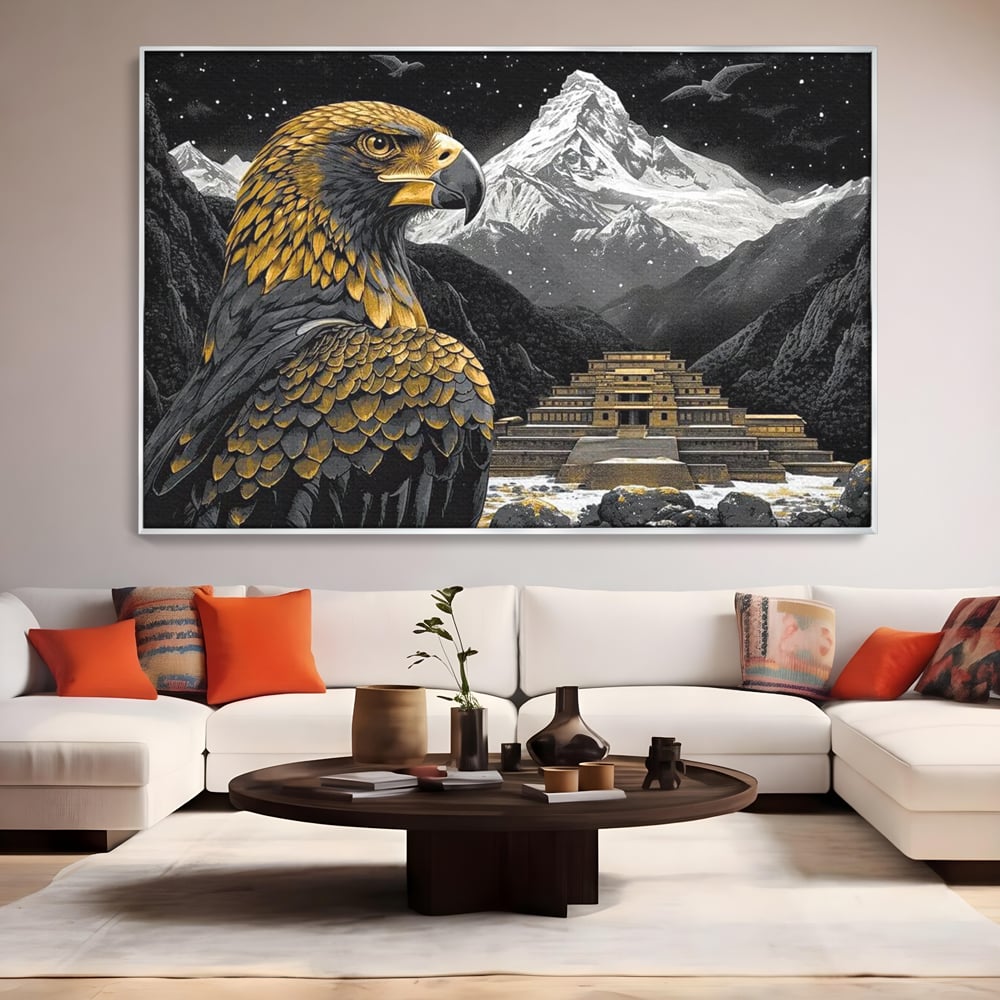 Leinwandbilder Premium, LuxCanva® M1058, Tempelwächter, Adler, Berg, Tempel, Heilig, Golden, Vogel, Ahnen, Azteke, Mythos, Büro, Wohnen, Wohnzimmer, Kinderzimmer