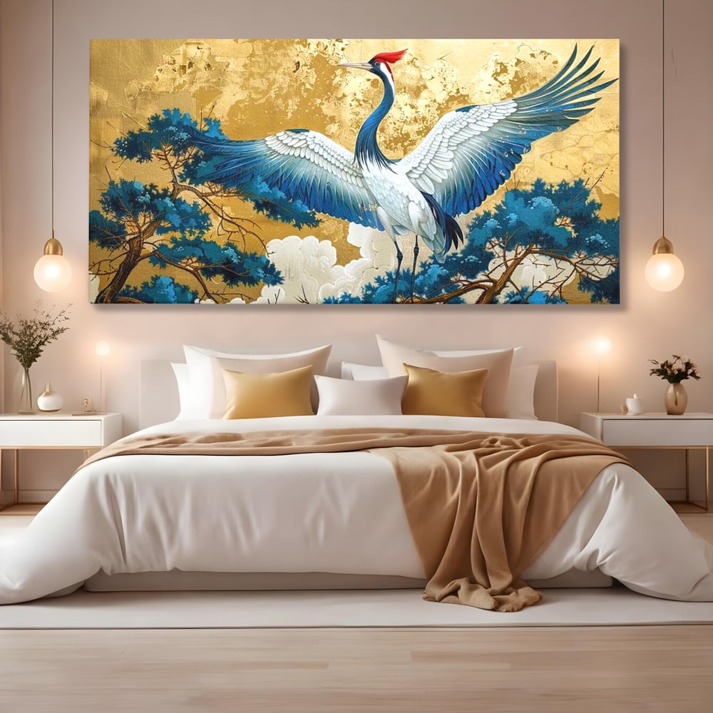Leinwandbilder Premium, LuxCanva® M1059, Herrschaft der Saphirfeder, Kranich, Vogel, Saphir, orientalisch, asiatisch, edel, mystisch, königlich, Flügel, Wald, Büro, Wohnen, Kinderzimmer