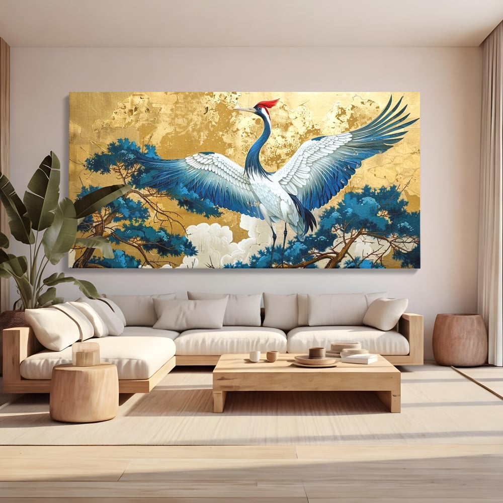 Leinwandbilder Premium, LuxCanva® M1059, Herrschaft der Saphirfeder, Kranich, Vogel, Saphir, orientalisch, asiatisch, edel, mystisch, königlich, Flügel, Wald, Büro, Wohnen, Kinderzimmer