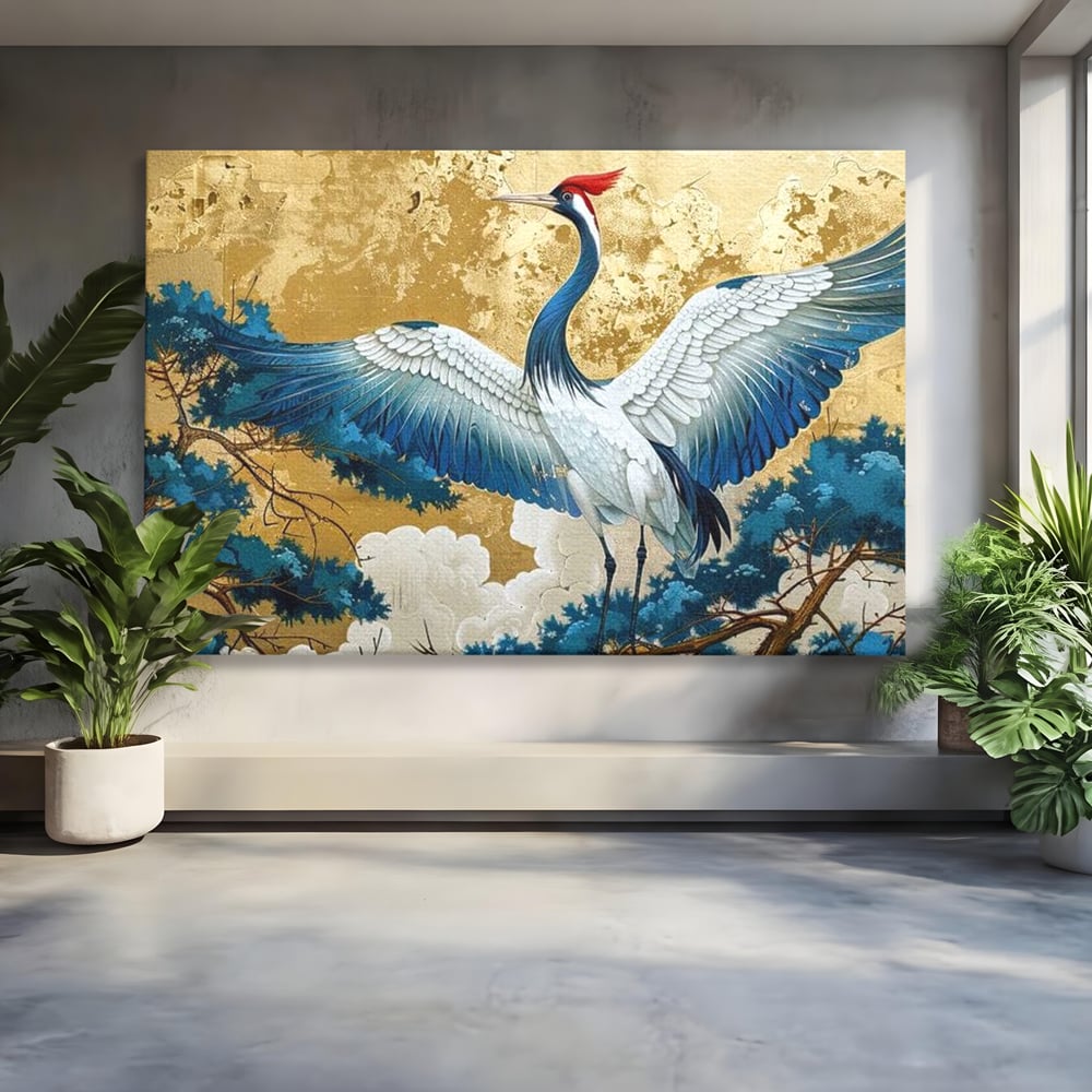 Leinwandbilder Premium, LuxCanva® M1059, Herrschaft der Saphirfeder, Kranich, Vogel, Saphir, orientalisch, asiatisch, edel, mystisch, königlich, Flügel, Wald, Büro, Wohnen, Kinderzimmer