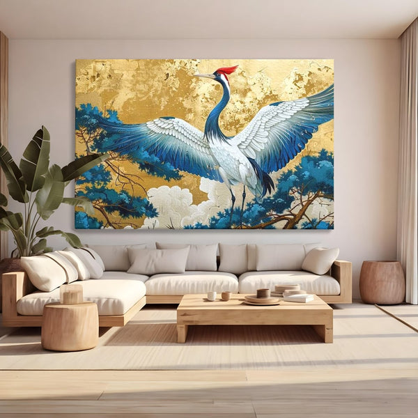 Leinwandbilder Premium, LuxCanva® M1059, Herrschaft der Saphirfeder, Kranich, Vogel, Saphir, orientalisch, asiatisch, edel, mystisch, königlich, Flügel, Wald, Büro, Wohnen, Kinderzimmer