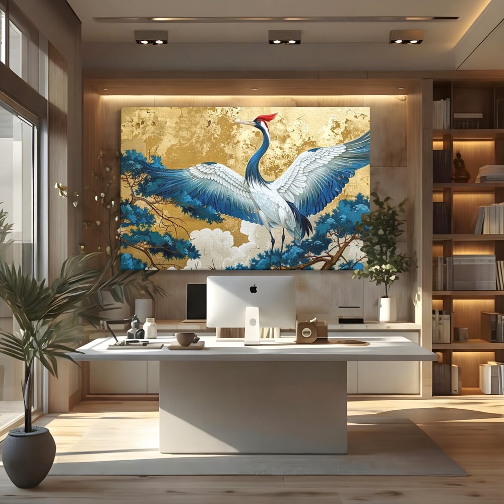 Leinwandbilder Premium, LuxCanva® M1059, Herrschaft der Saphirfeder, Kranich, Vogel, Saphir, orientalisch, asiatisch, edel, mystisch, königlich, Flügel, Wald, Büro, Wohnen, Kinderzimmer