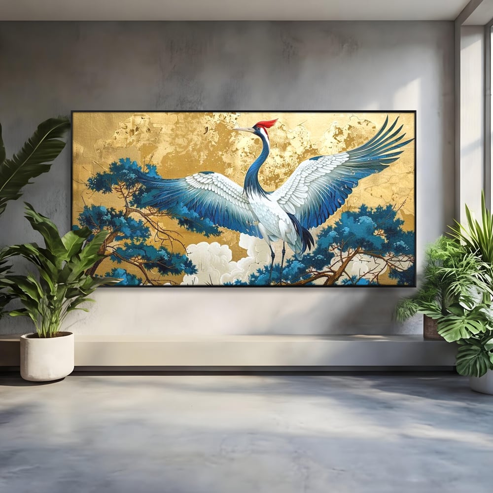 Leinwandbilder Premium, LuxCanva® M1059, Herrschaft der Saphirfeder, Kranich, Vogel, Saphir, orientalisch, asiatisch, edel, mystisch, königlich, Flügel, Wald, Büro, Wohnen, Kinderzimmer