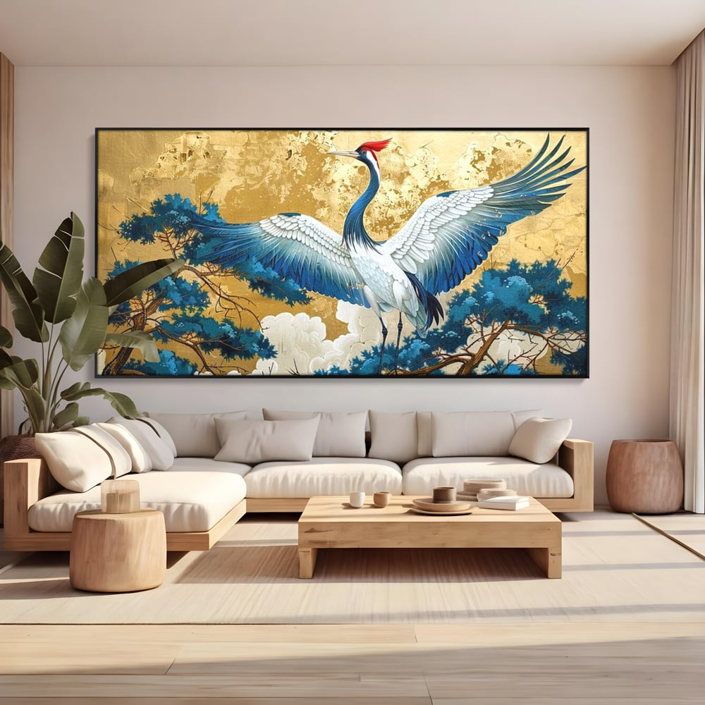 Leinwandbilder Premium, LuxCanva® M1059, Herrschaft der Saphirfeder, Kranich, Vogel, Saphir, orientalisch, asiatisch, edel, mystisch, königlich, Flügel, Wald, Büro, Wohnen, Kinderzimmer