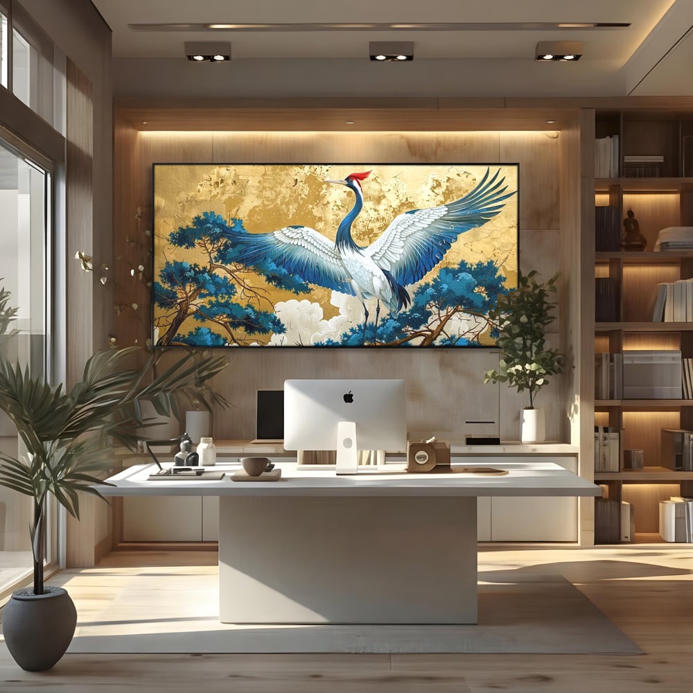 Leinwandbilder Premium, LuxCanva® M1059, Herrschaft der Saphirfeder, Kranich, Vogel, Saphir, orientalisch, asiatisch, edel, mystisch, königlich, Flügel, Wald, Büro, Wohnen, Kinderzimmer