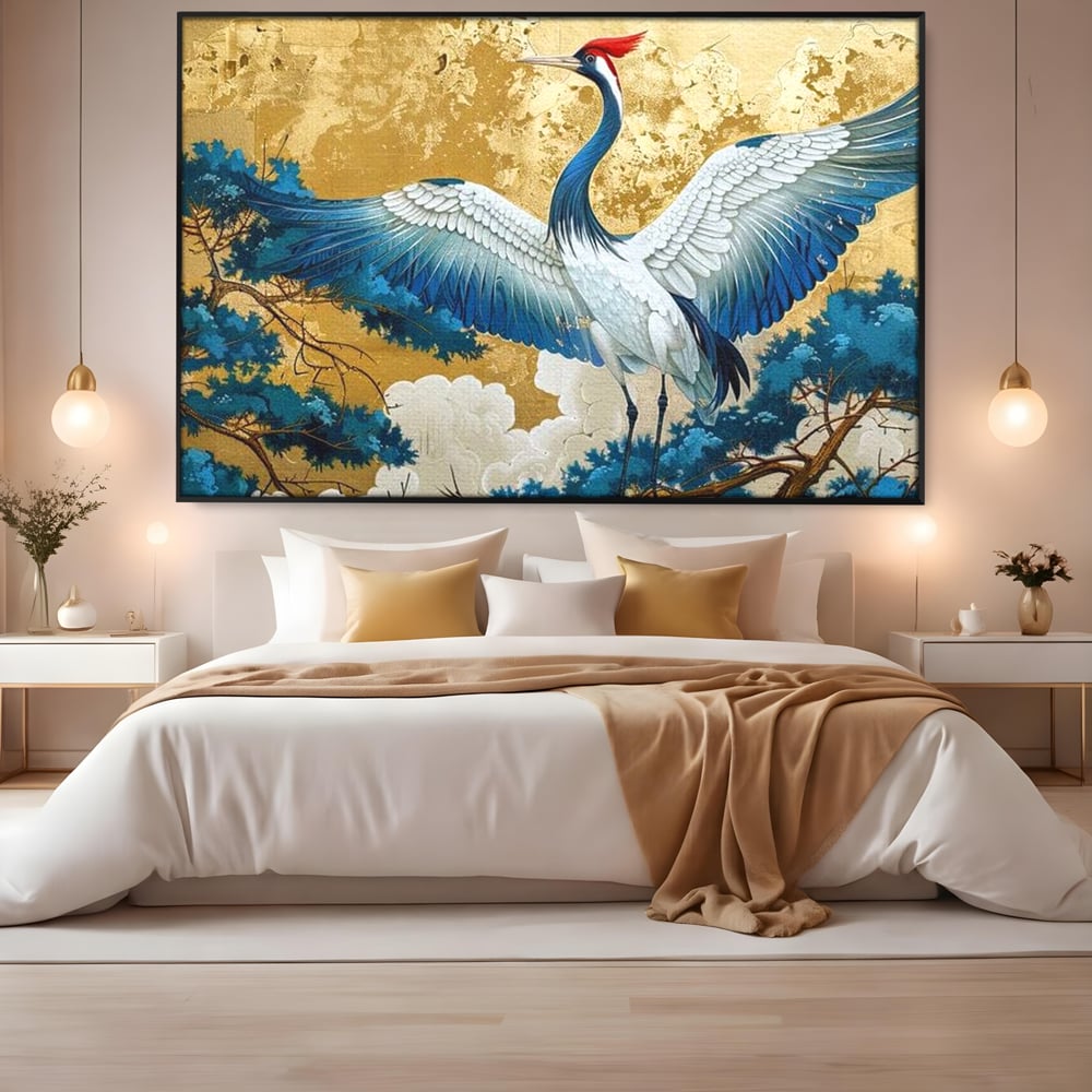 Leinwandbilder Premium, LuxCanva® M1059, Herrschaft der Saphirfeder, Kranich, Vogel, Saphir, orientalisch, asiatisch, edel, mystisch, königlich, Flügel, Wald, Büro, Wohnen, Kinderzimmer
