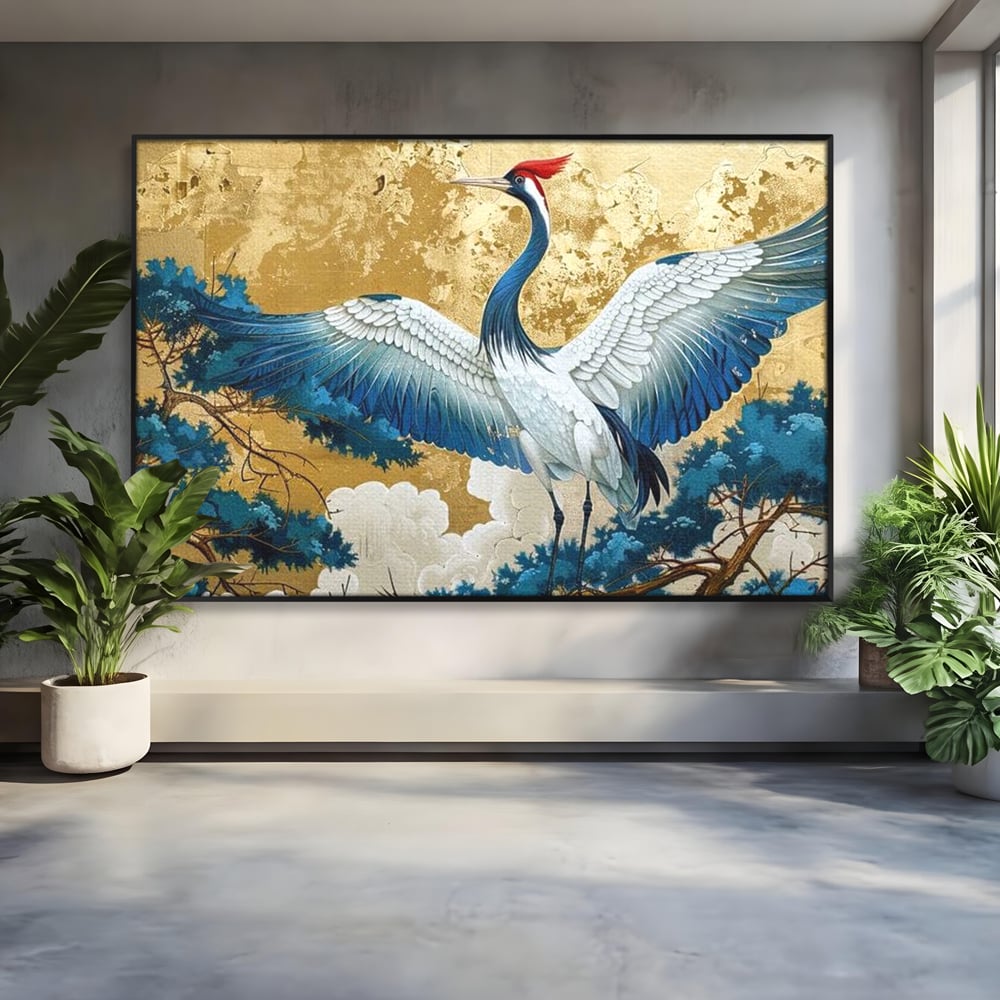 Leinwandbilder Premium, LuxCanva® M1059, Herrschaft der Saphirfeder, Kranich, Vogel, Saphir, orientalisch, asiatisch, edel, mystisch, königlich, Flügel, Wald, Büro, Wohnen, Kinderzimmer