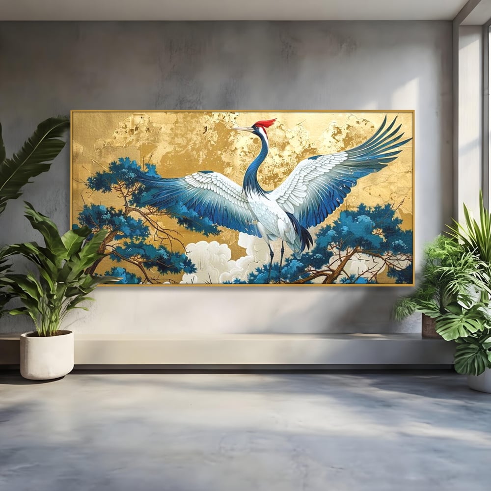 Leinwandbilder Premium, LuxCanva® M1059, Herrschaft der Saphirfeder, Kranich, Vogel, Saphir, orientalisch, asiatisch, edel, mystisch, königlich, Flügel, Wald, Büro, Wohnen, Kinderzimmer