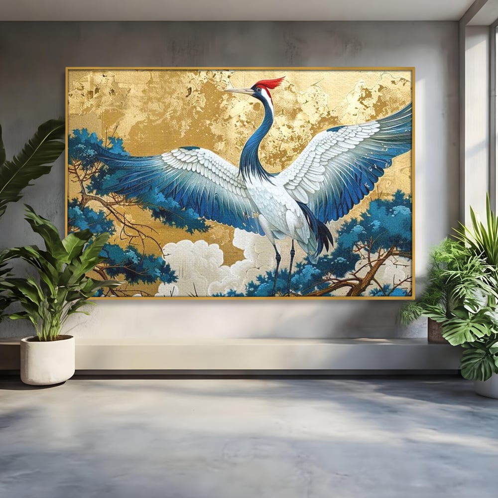 Leinwandbilder Premium, LuxCanva® M1059, Herrschaft der Saphirfeder, Kranich, Vogel, Saphir, orientalisch, asiatisch, edel, mystisch, königlich, Flügel, Wald, Büro, Wohnen, Kinderzimmer
