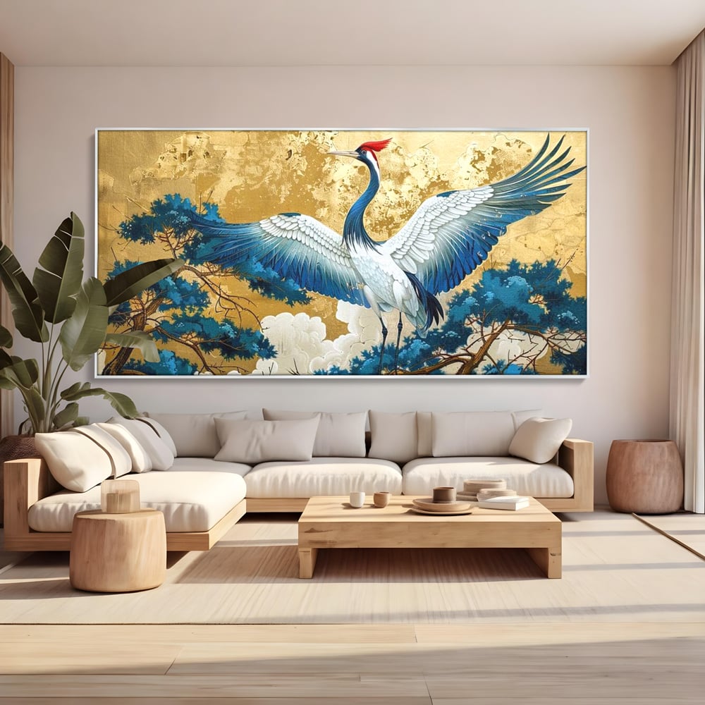 Leinwandbilder Premium, LuxCanva® M1059, Herrschaft der Saphirfeder, Kranich, Vogel, Saphir, orientalisch, asiatisch, edel, mystisch, königlich, Flügel, Wald, Büro, Wohnen, Kinderzimmer