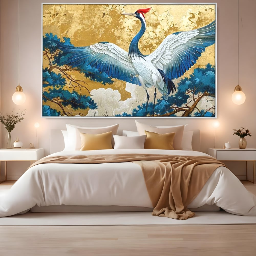 Leinwandbilder Premium, LuxCanva® M1059, Herrschaft der Saphirfeder, Kranich, Vogel, Saphir, orientalisch, asiatisch, edel, mystisch, königlich, Flügel, Wald, Büro, Wohnen, Kinderzimmer
