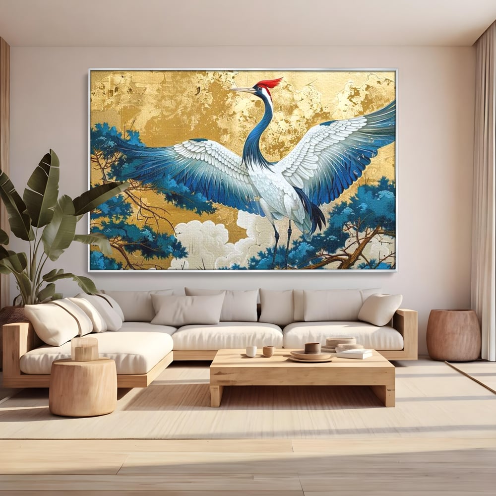 Leinwandbilder Premium, LuxCanva® M1059, Herrschaft der Saphirfeder, Kranich, Vogel, Saphir, orientalisch, asiatisch, edel, mystisch, königlich, Flügel, Wald, Büro, Wohnen, Kinderzimmer