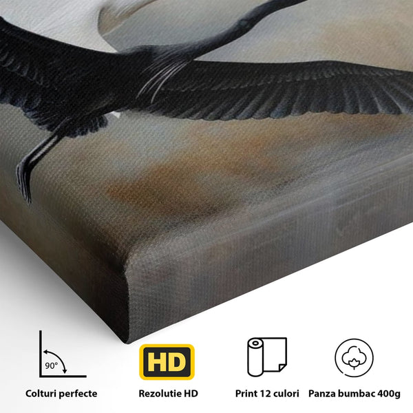 Tablou Canvas Premium, LuxCanva® M1060, Tandem in Infinit, Pasari, Pereche, Simetrie, Echilibru, Yin, Yang, Zbor, Alb, Negru, Lac, Cer, Natura, Birou, Living, Camera Copil