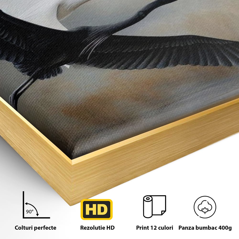 Tablou Canvas Premium, LuxCanva® M1060, Tandem in Infinit, Pasari, Pereche, Simetrie, Echilibru, Yin, Yang, Zbor, Alb, Negru, Lac, Cer, Natura, Birou, Living, Camera Copil