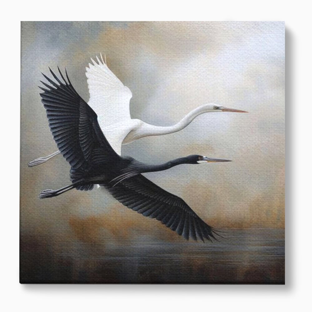 Tablou Canvas Premium, LuxCanva® M1060, Tandem in Infinit, Pasari, Pereche, Simetrie, Echilibru, Yin, Yang, Zbor, Alb, Negru, Lac, Cer, Natura, Birou, Living, Camera Copil