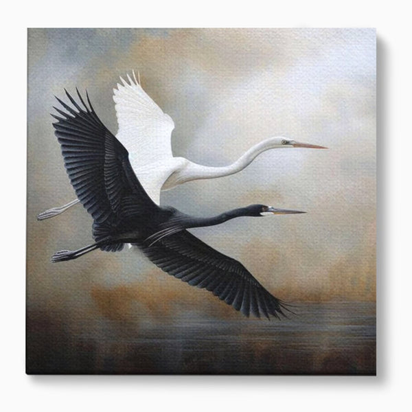 Tablou Canvas Premium, LuxCanva® M1060, Tandem in Infinit, Pasari, Pereche, Simetrie, Echilibru, Yin, Yang, Zbor, Alb, Negru, Lac, Cer, Natura, Birou, Living, Camera Copil