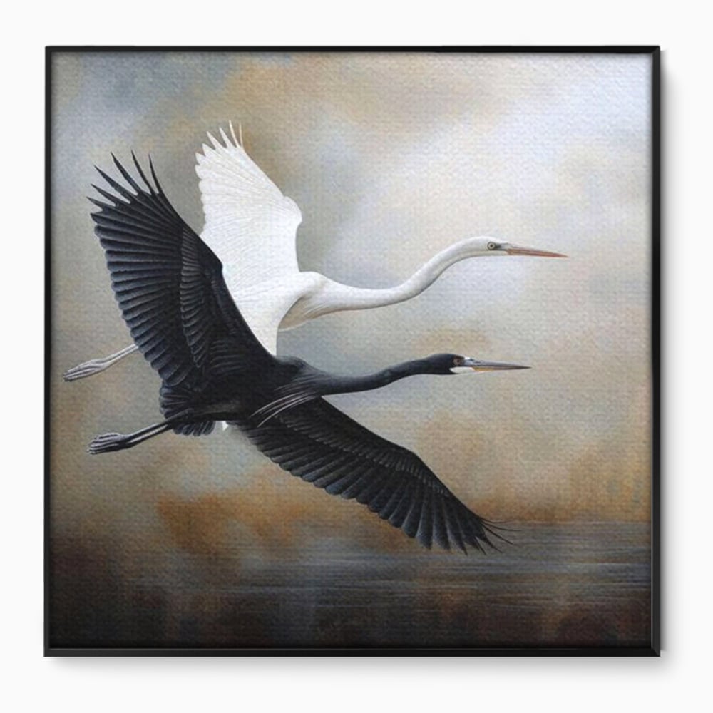 Tablou Canvas Premium, LuxCanva® M1060, Tandem in Infinit, Pasari, Pereche, Simetrie, Echilibru, Yin, Yang, Zbor, Alb, Negru, Lac, Cer, Natura, Birou, Living, Camera Copil