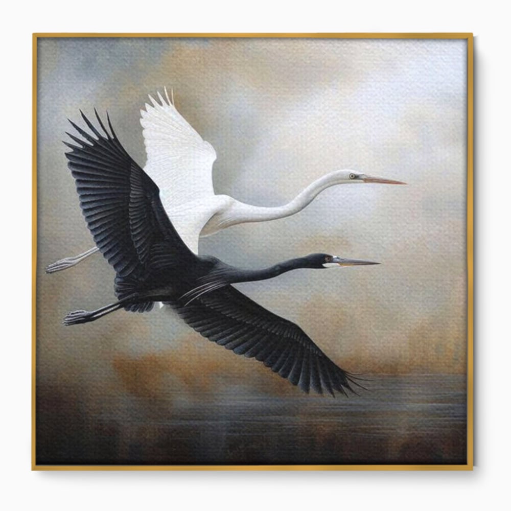 Tablou Canvas Premium, LuxCanva® M1060, Tandem in Infinit, Pasari, Pereche, Simetrie, Echilibru, Yin, Yang, Zbor, Alb, Negru, Lac, Cer, Natura, Birou, Living, Camera Copil