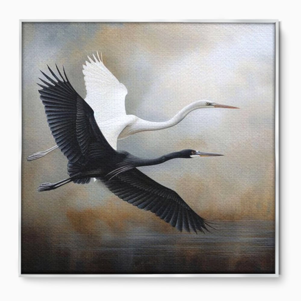 Tablou Canvas Premium, LuxCanva® M1060, Tandem in Infinit, Pasari, Pereche, Simetrie, Echilibru, Yin, Yang, Zbor, Alb, Negru, Lac, Cer, Natura, Birou, Living, Camera Copil