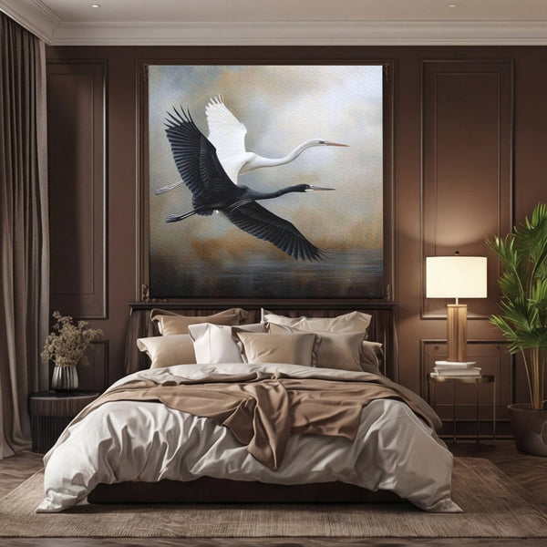 Tablou Canvas Premium, LuxCanva® M1060, Tandem in Infinit, Pasari, Pereche, Simetrie, Echilibru, Yin, Yang, Zbor, Alb, Negru, Lac, Cer, Natura, Birou, Living, Camera Copil
