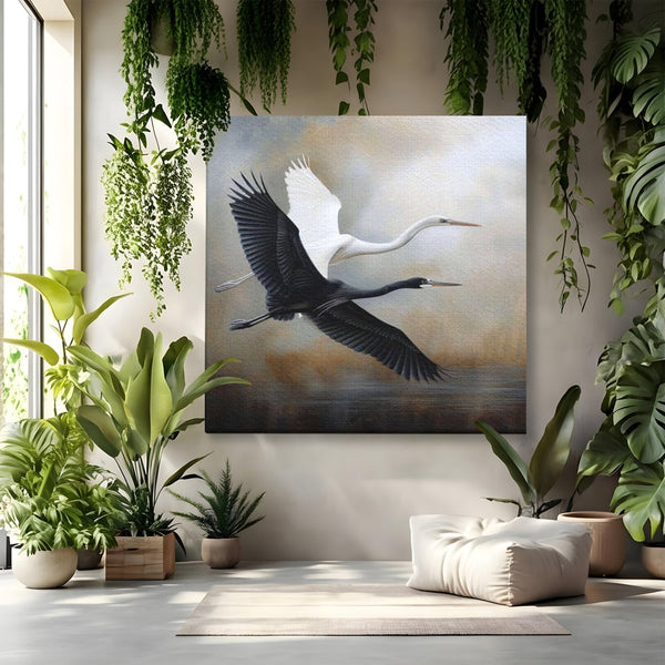 Tablou Canvas Premium, LuxCanva® M1060, Tandem in Infinit, Pasari, Pereche, Simetrie, Echilibru, Yin, Yang, Zbor, Alb, Negru, Lac, Cer, Natura, Birou, Living, Camera Copil