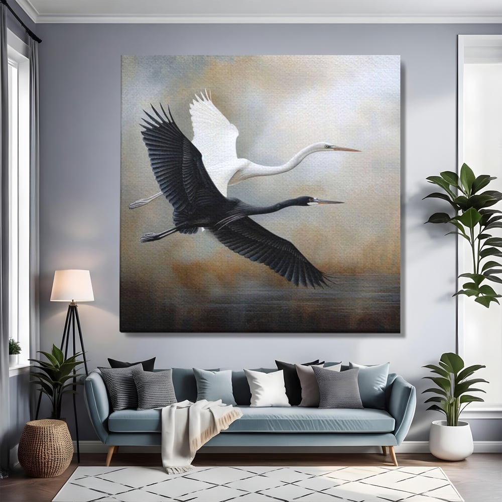 Tablou Canvas Premium, LuxCanva® M1060, Tandem in Infinit, Pasari, Pereche, Simetrie, Echilibru, Yin, Yang, Zbor, Alb, Negru, Lac, Cer, Natura, Birou, Living, Camera Copil