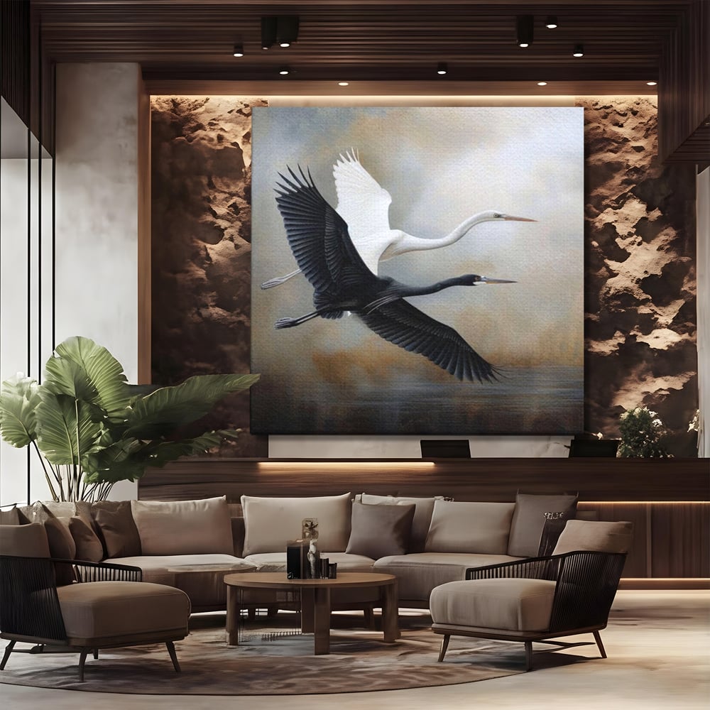 Tablou Canvas Premium, LuxCanva® M1060, Tandem in Infinit, Pasari, Pereche, Simetrie, Echilibru, Yin, Yang, Zbor, Alb, Negru, Lac, Cer, Natura, Birou, Living, Camera Copil