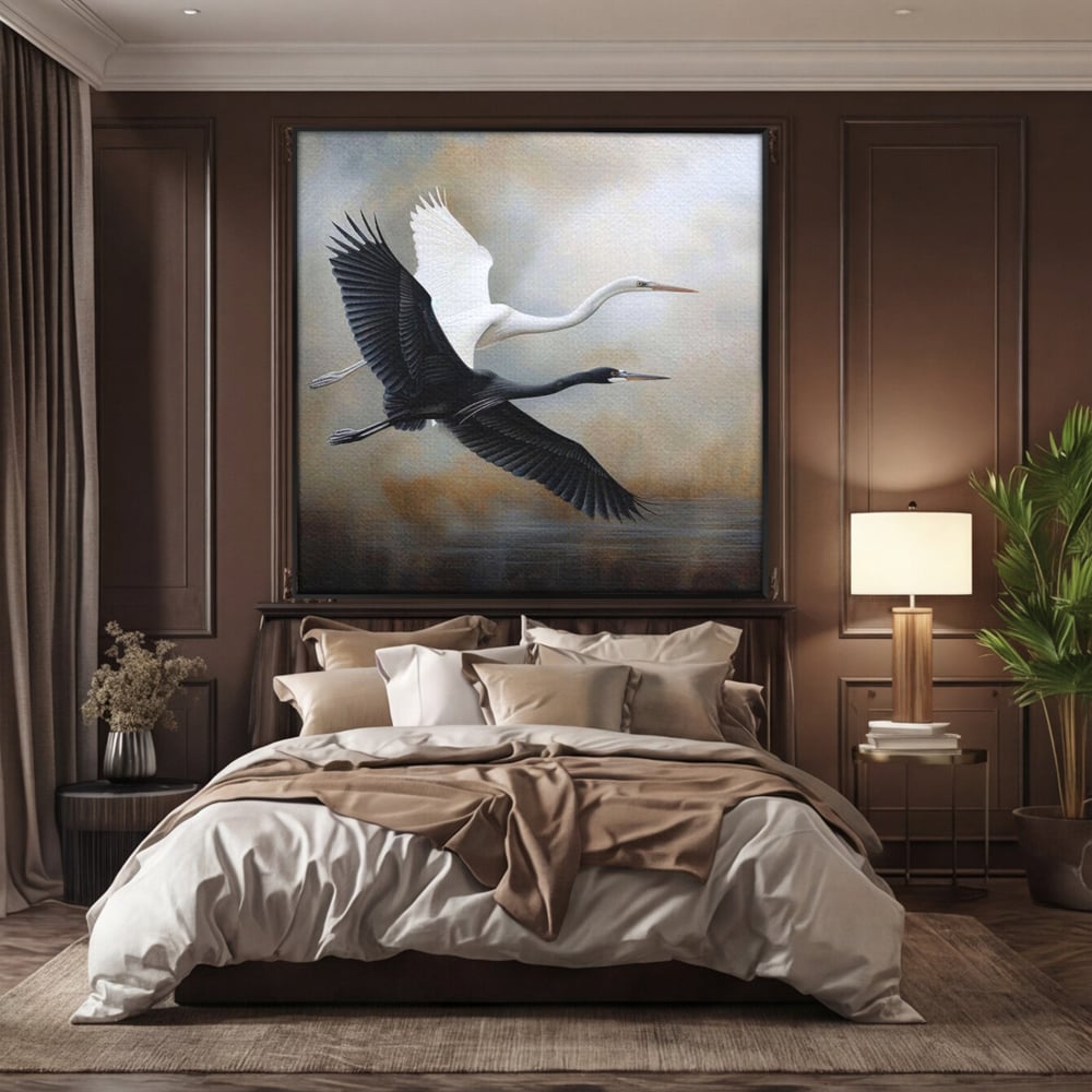 Tablou Canvas Premium, LuxCanva® M1060, Tandem in Infinit, Pasari, Pereche, Simetrie, Echilibru, Yin, Yang, Zbor, Alb, Negru, Lac, Cer, Natura, Birou, Living, Camera Copil