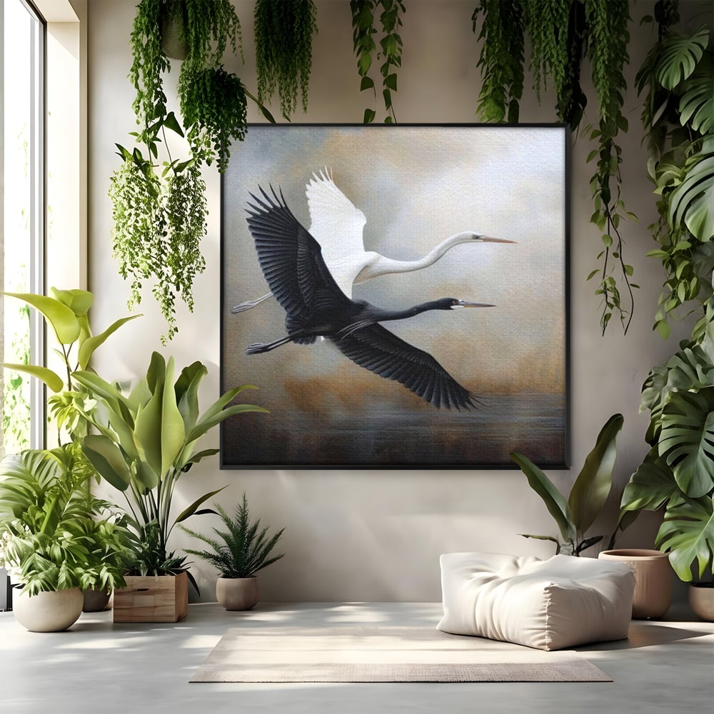 Tablou Canvas Premium, LuxCanva® M1060, Tandem in Infinit, Pasari, Pereche, Simetrie, Echilibru, Yin, Yang, Zbor, Alb, Negru, Lac, Cer, Natura, Birou, Living, Camera Copil