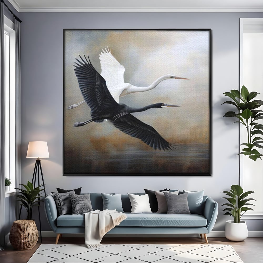 Tablou Canvas Premium, LuxCanva® M1060, Tandem in Infinit, Pasari, Pereche, Simetrie, Echilibru, Yin, Yang, Zbor, Alb, Negru, Lac, Cer, Natura, Birou, Living, Camera Copil
