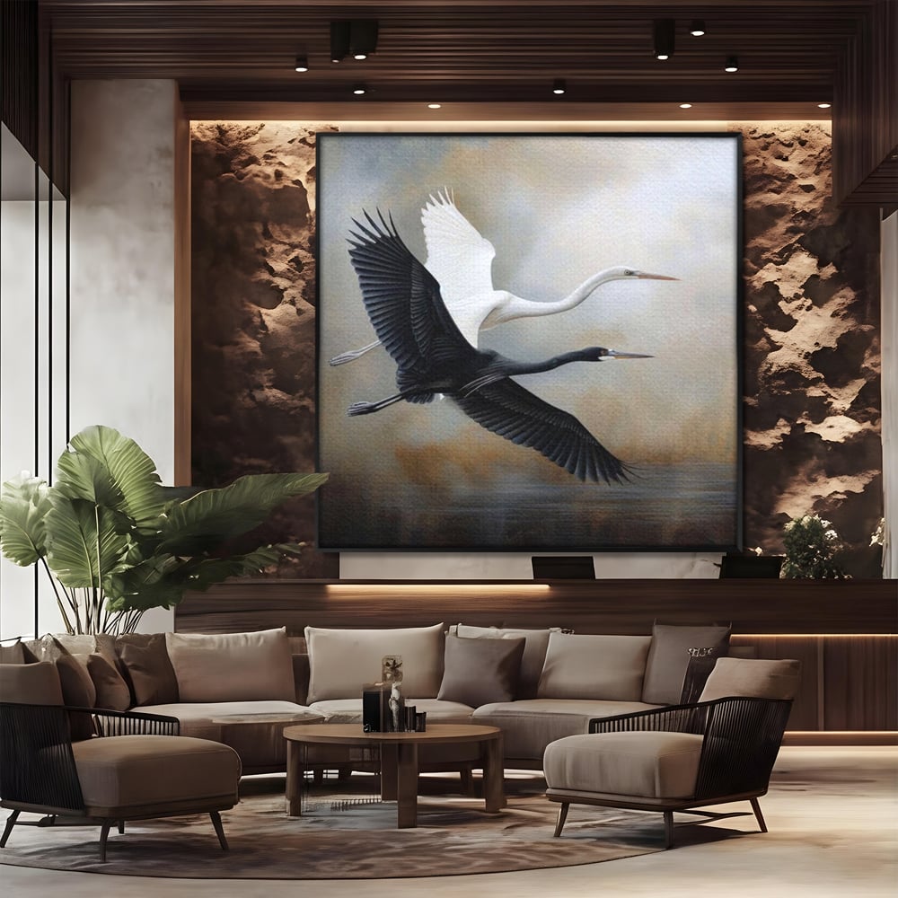 Tablou Canvas Premium, LuxCanva® M1060, Tandem in Infinit, Pasari, Pereche, Simetrie, Echilibru, Yin, Yang, Zbor, Alb, Negru, Lac, Cer, Natura, Birou, Living, Camera Copil